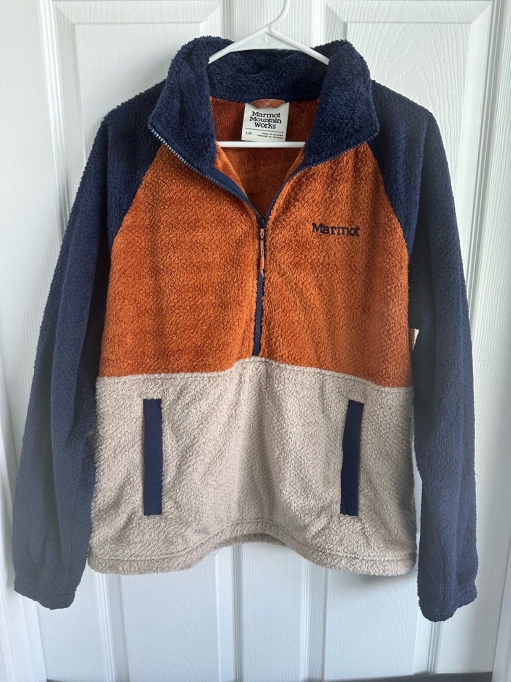 Marmot Navy, Rust Orange & Cream Colorblock Sherpa Pullover